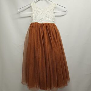 2Bunnies Baby Girl Dress 12 Months White Lace Top Brown Tulle Skirt Cotton Blend